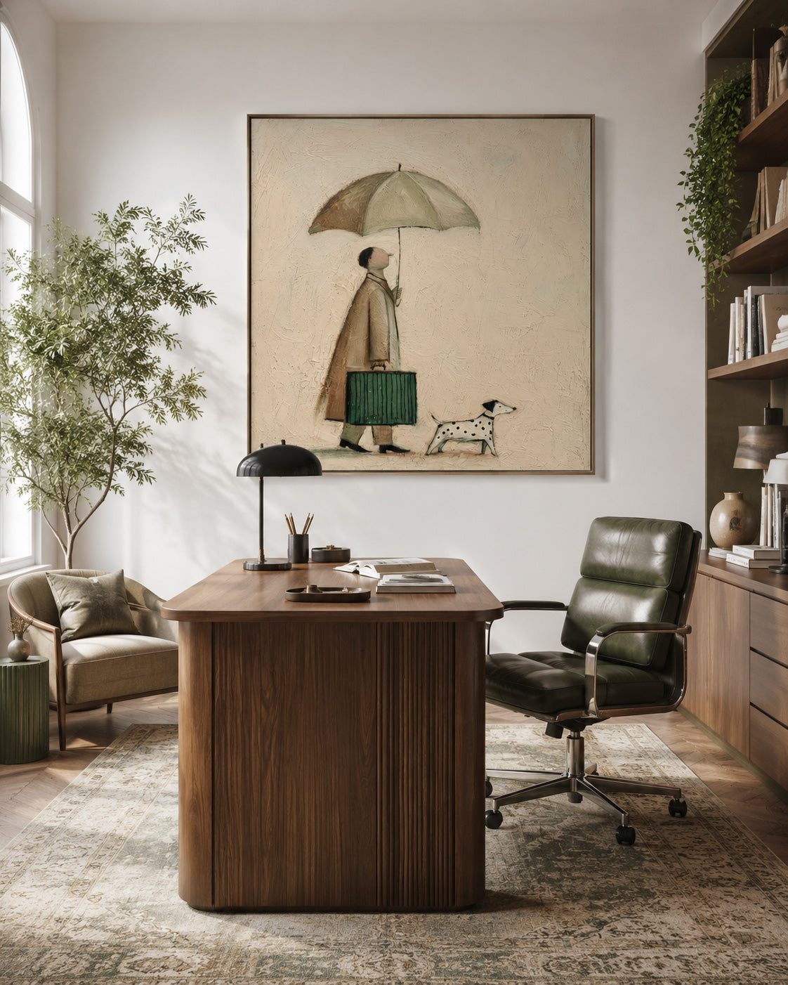 Man And Dog With Umbrella Painting For Cozy Home Decor