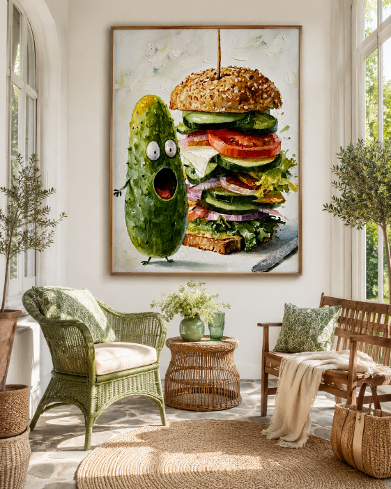 Whimsical Pickle And Sandwich Food Art For Modern Kitchen Wall Decor