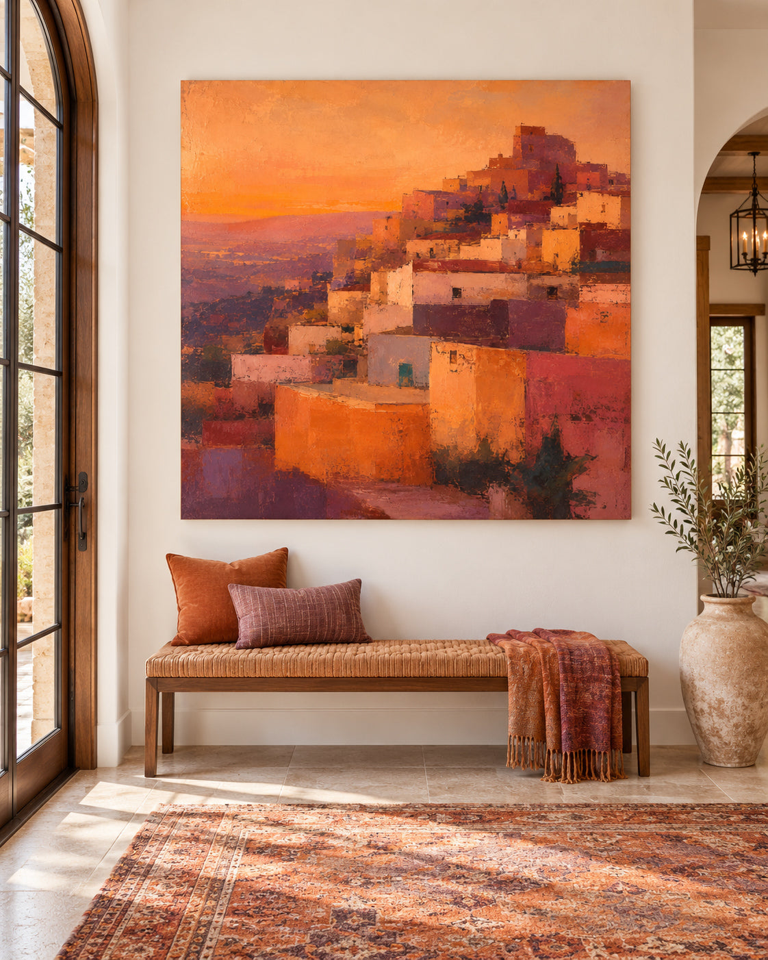 Hand-Painted Hillside Village Canvas Art In Warm Orange And Purple Tones