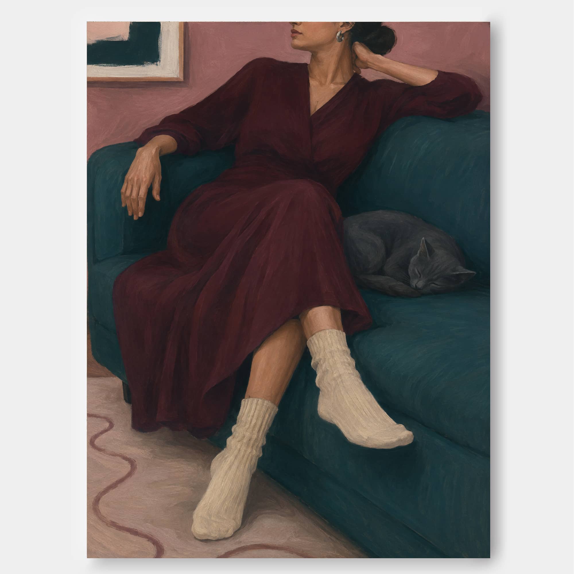 Elegant Living Room Wall Art With Woman And Sleeping Cat In Warm Tones