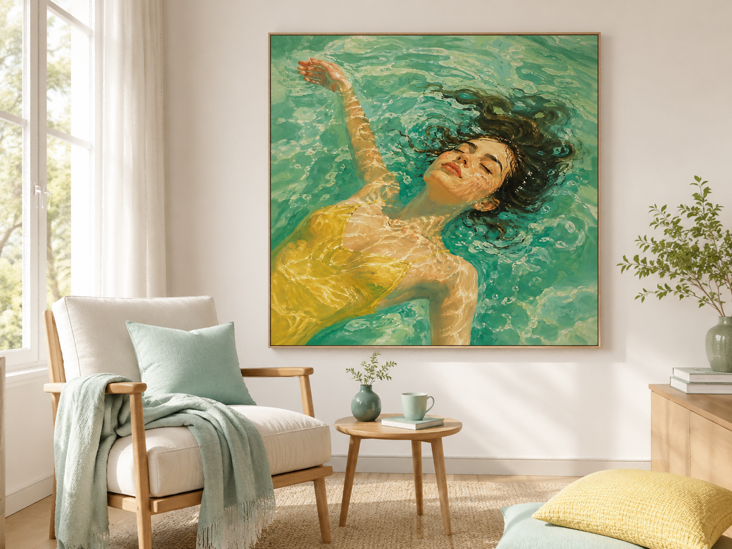 Realistic Oil Painting Of Woman Floating In Pool With Sunlight And Green Water For Modern Home Decor