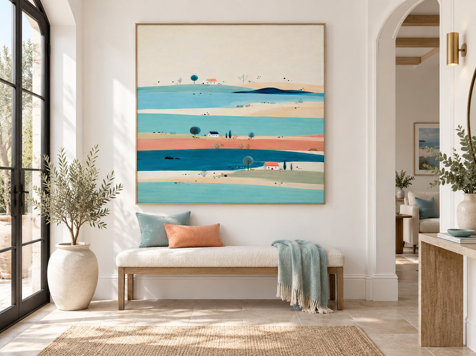 Hand-Painted Minimalist Landscape With Blue River And Houses