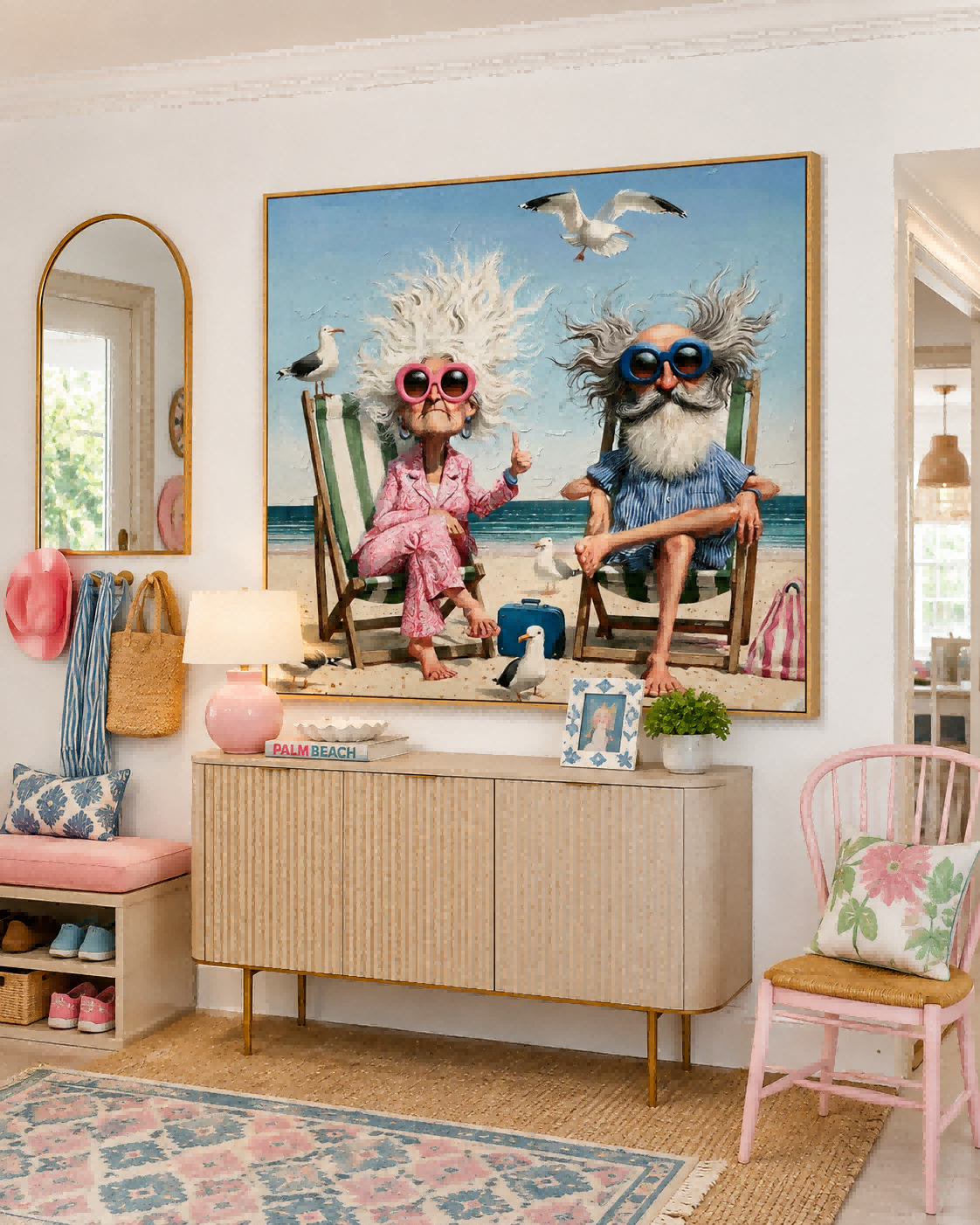 Humorous Beach Couple Painting For Living Room Decor With Ocean Vibes And Playful Style