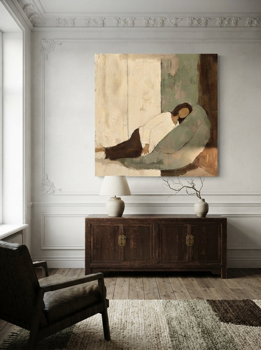 Vintage Minimalist Square Canvas Painting With Soft Beige And Green Tones For Modern Living Room Decor