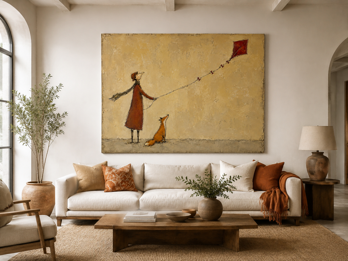 Hand-Painted Fox And Person With Red Kite Canvas Art For Home