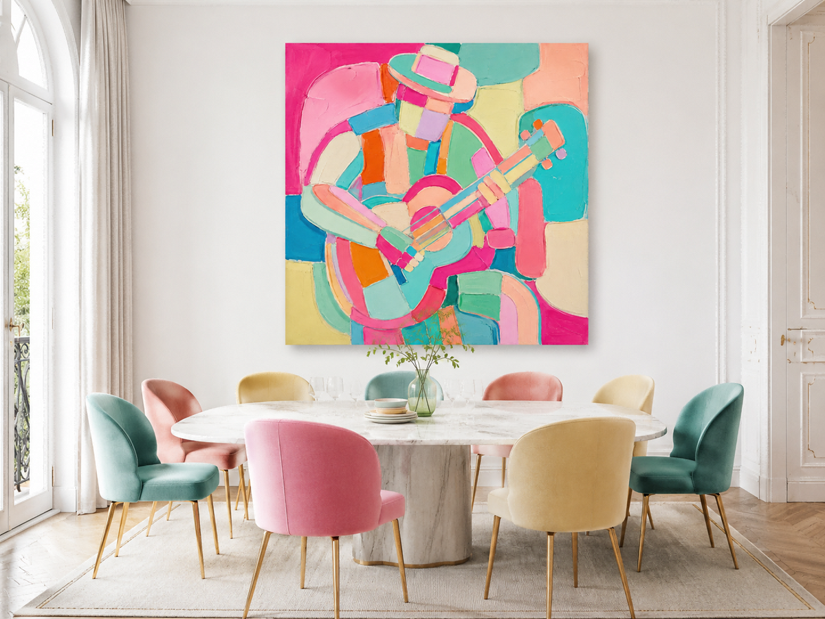 Vibrant Modern Musician Painting With Geometric Blocks For Living Room Decor