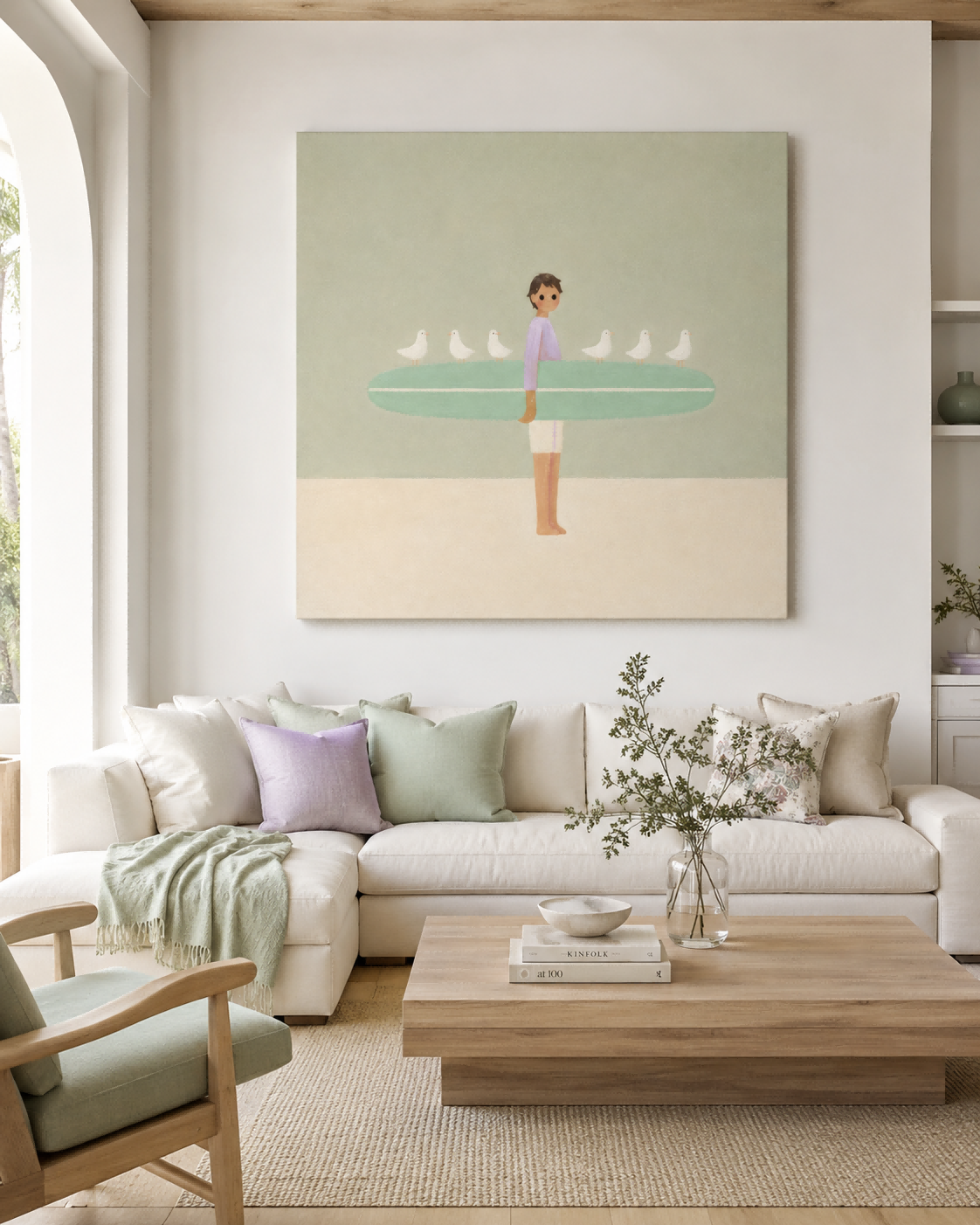 Hand-Painted Surfer With Seagulls On Mint Board Modern Canvas Art