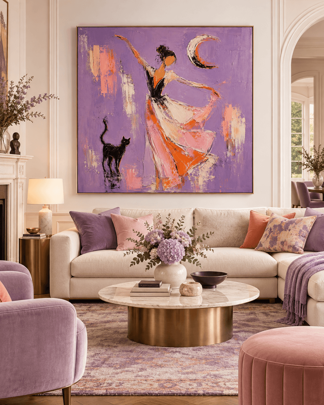 Dancing Woman With Black Cat Moon Abstract Canvas Painting