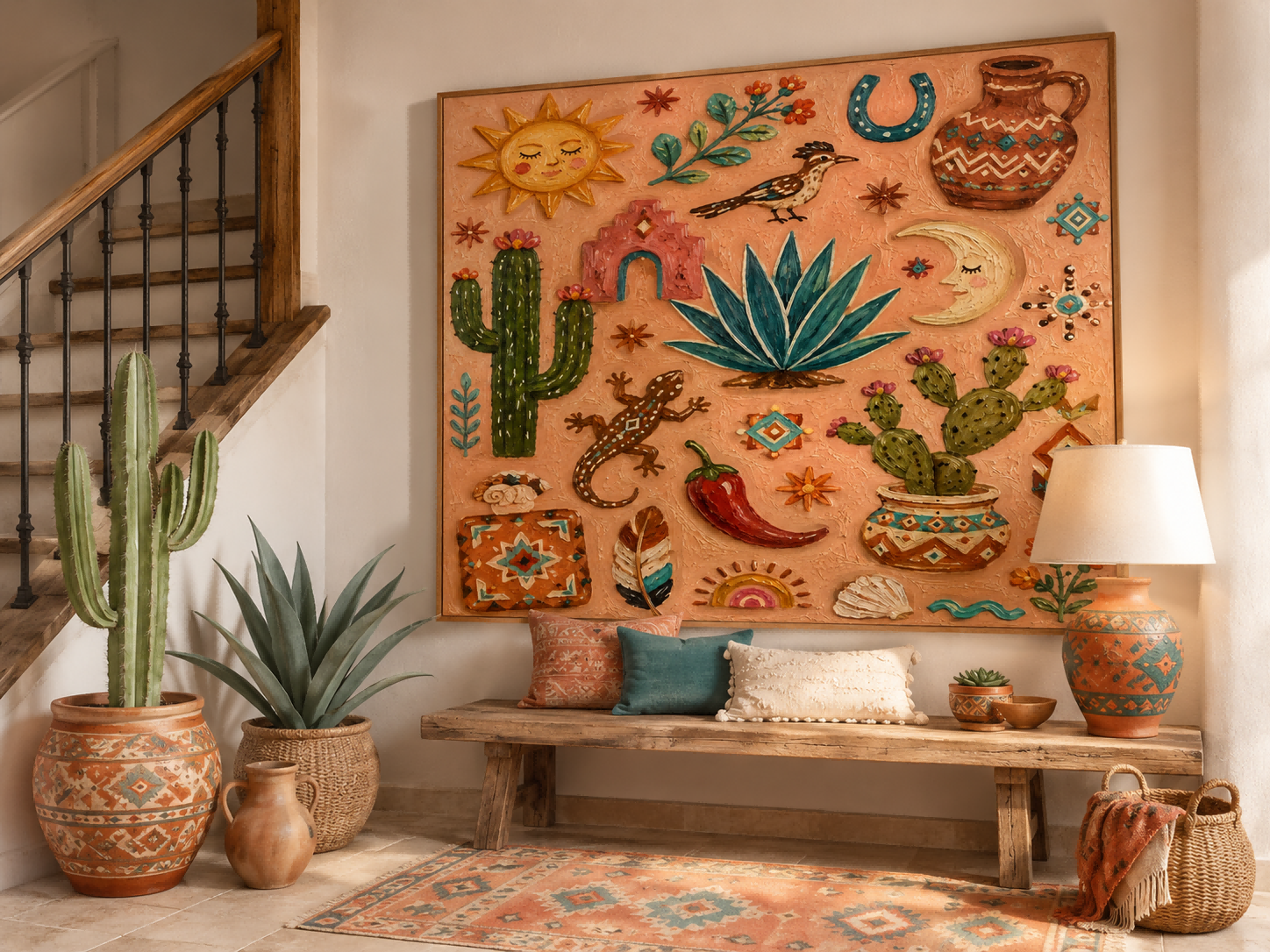 Bohemian Desert Sunset Wall Art With Geometric Cactus And Lizard For Living Room