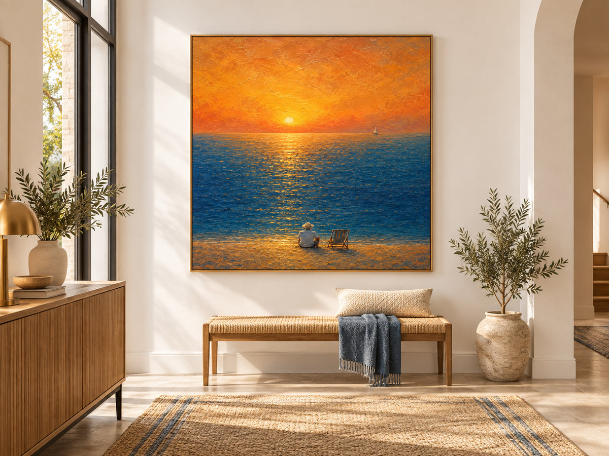 Modern Impressionist Textured Ocean Sunset Art With Golden Glow