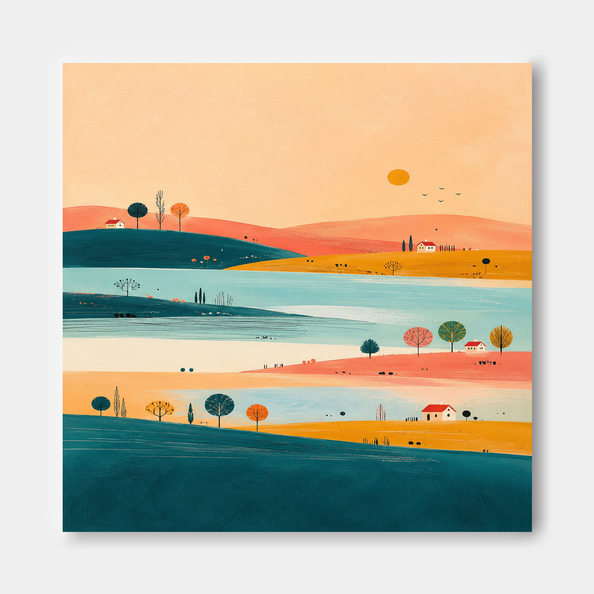 Hand-Painted Minimalist Landscape Canvas Art With Sunset Hills