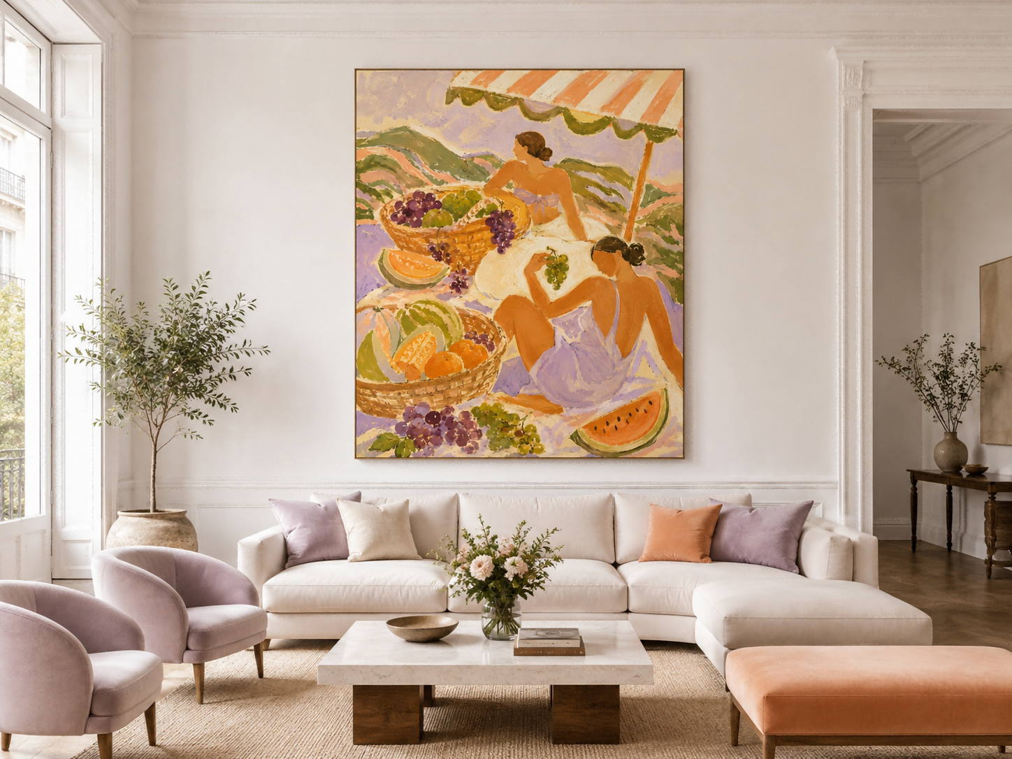 Fantasy Style Lavender And Orange Abstract Figure Oil Painting On Canvas Art Deco Women With Fruit Basket Hand-Painted Canvas Wall Art