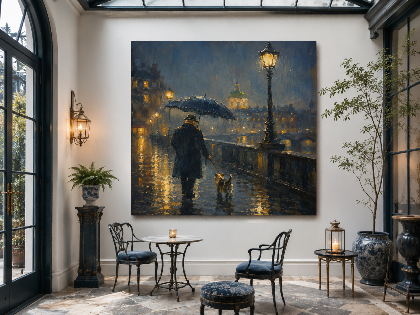 Romantic Impressionist City Night Painting With Man And Dog Under Streetlamp For Living Room Decor