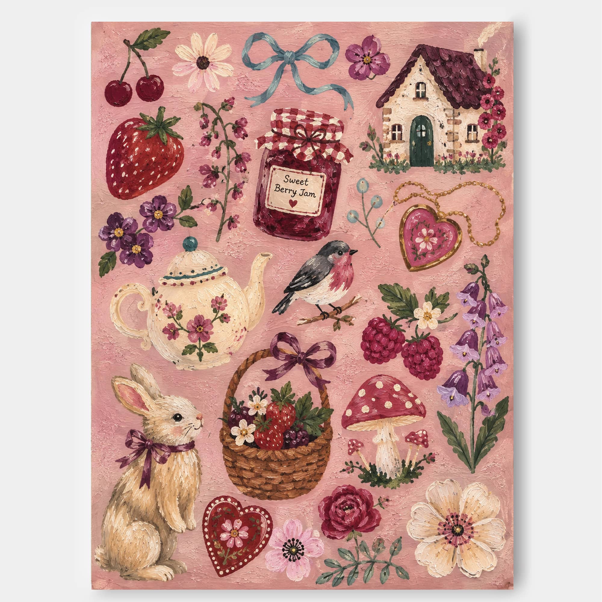 Vintage Pastoral Art With Berries And Cottage For Cozy Home Decor