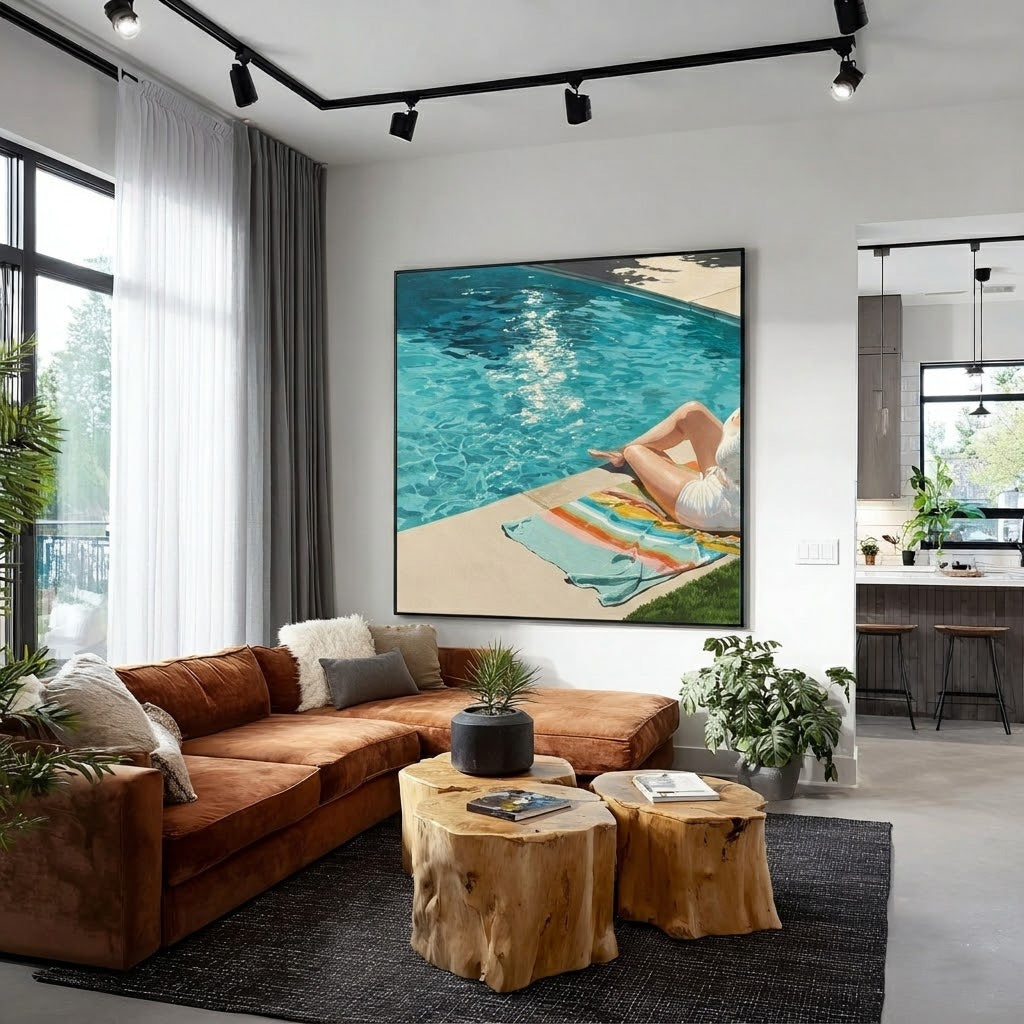 Original Poolside Oil Painting For Modern Living Room Summer Vibes