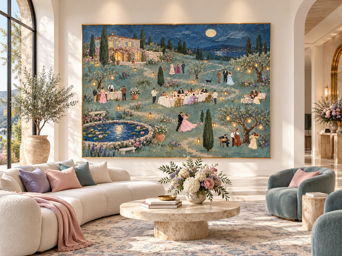 Tuscan Villa Dinner Party Hand-Painted Canvas Wall Art With Moonlight And Garden