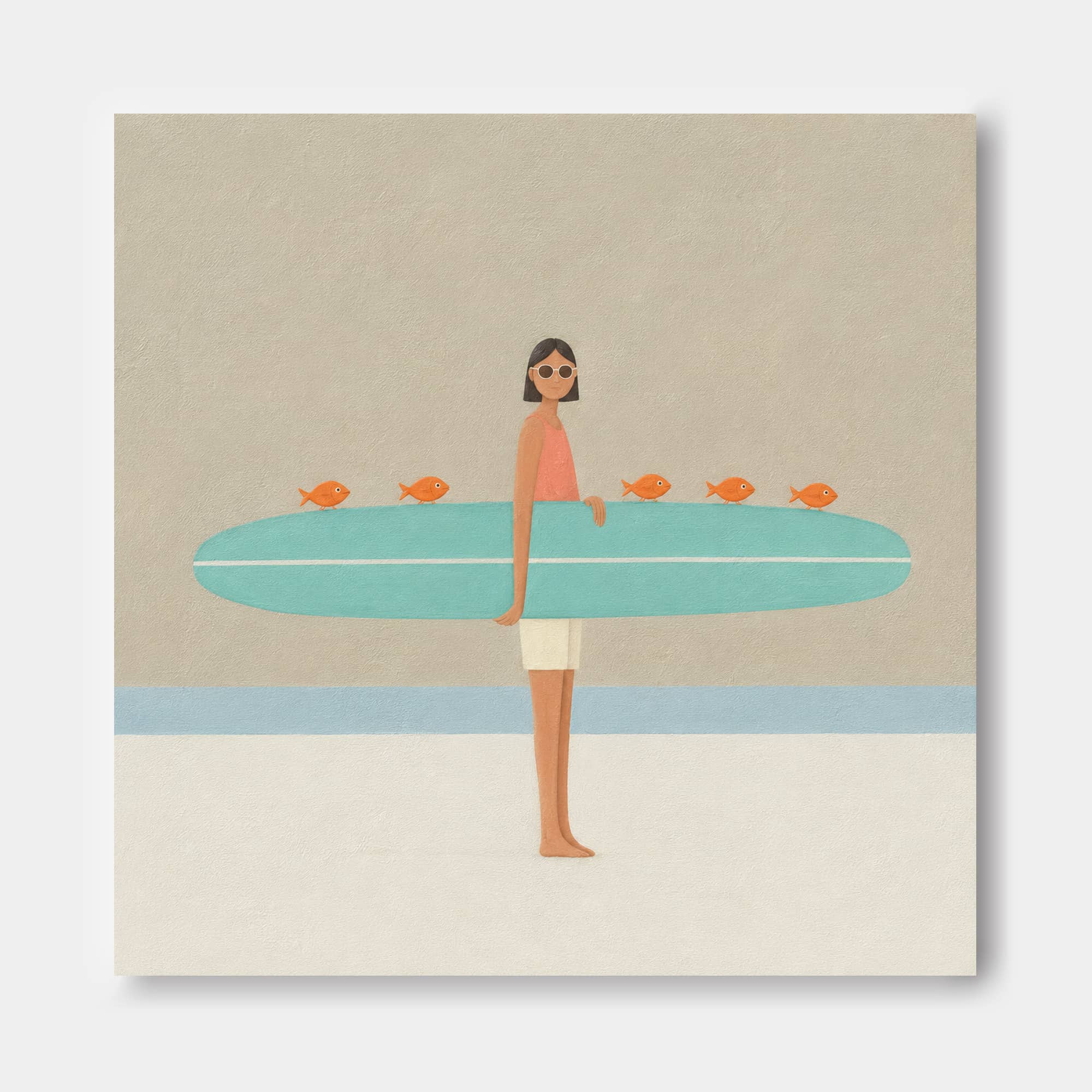 Girl With Surfboard And Fish Modern Abstract Canvas Painting Abstract Minimalist Art With Orange Accents Hand Painted Oil