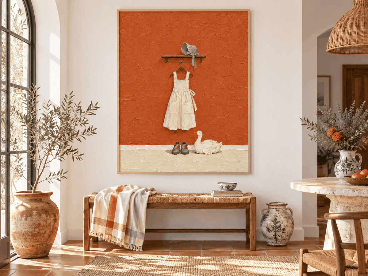 Hand-Painted White Dress And Duck Canvas Art With Orange Background