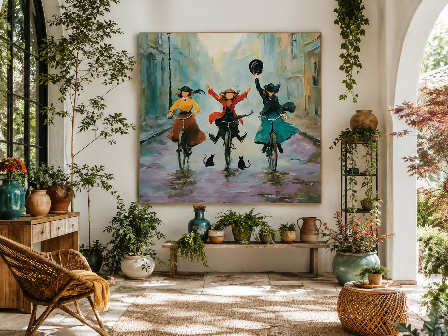 Impressionist City Life Painting Of Women Cycling In Rain With Cats