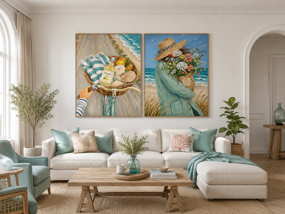 Seaside Bicycle And Flower Girl Hand-Painted Diptych Canvas Art With Blue Ocean