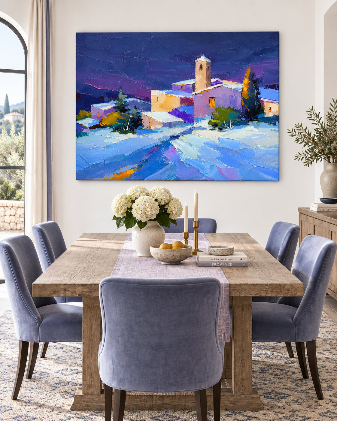 Hand-Painted Snowy Village Landscape Canvas Art With Violet Sky And Warm Lights