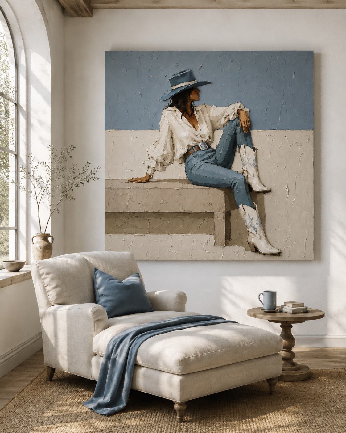 Textured Square Canvas Art Featuring Woman In Cowboy Hat And Boots