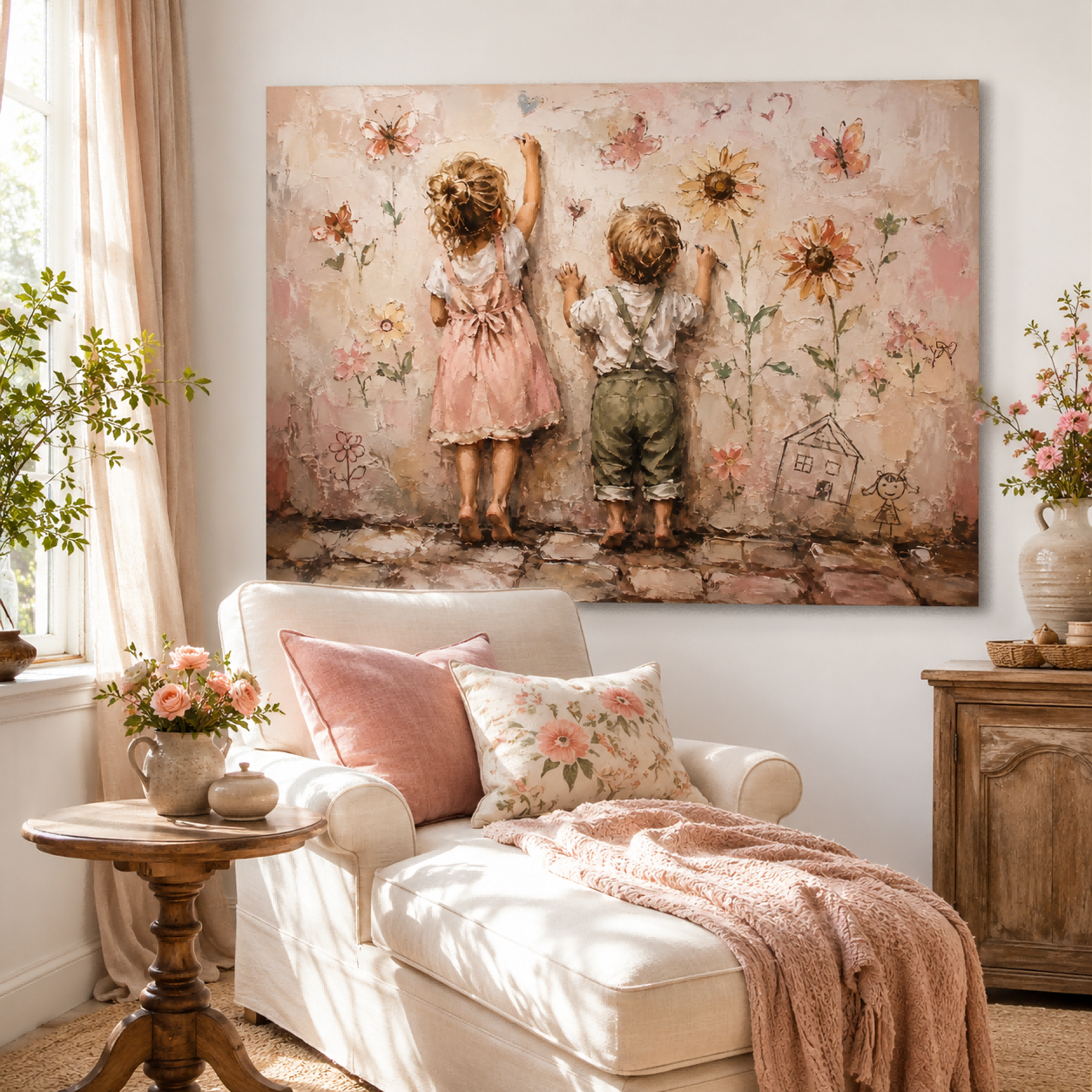Original Oil Painting Of Two Kids Back View With Floral Wall Art