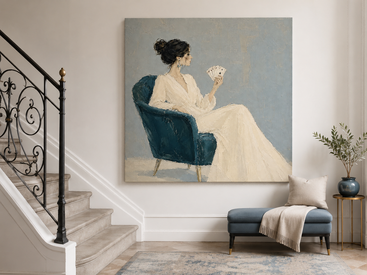 Minimalist Oil Painting Of Woman In White Dress With Playing Cards For Modern Living Room Decor