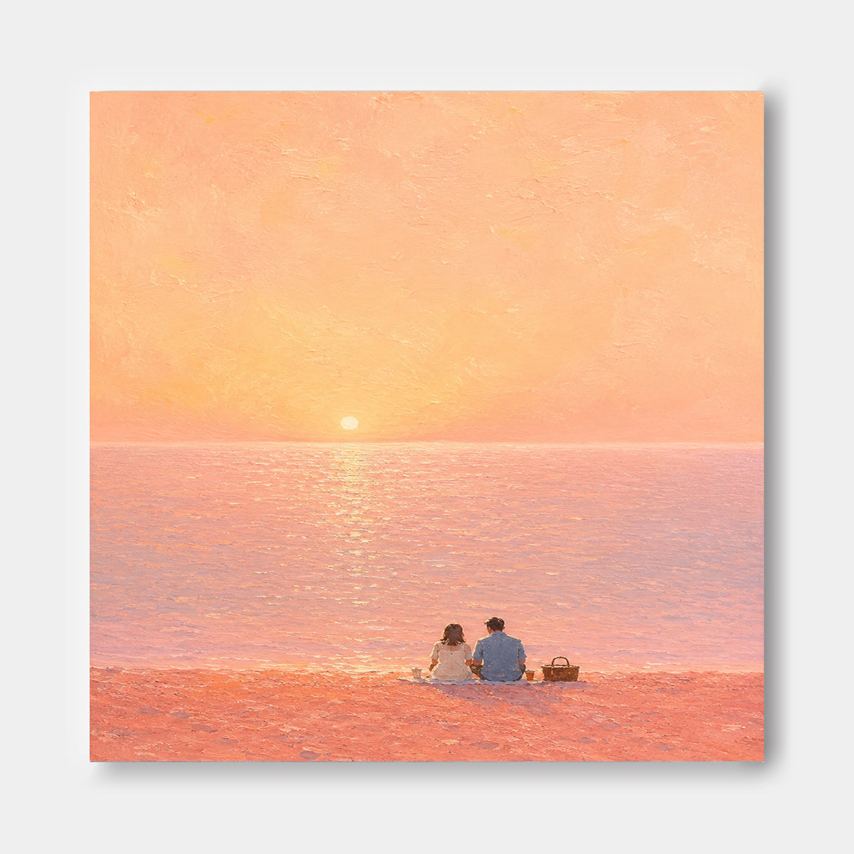 Romantic Couple Sunset Beach Hand-Painted Canvas Art In Pink And Gold Tones