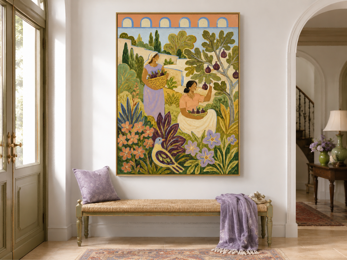 Fantasy Landscape Oil Painting With Purple Figs And Geometric Archways Fantasy Landscape Oil Painting With Purple Figs And Geometric Archways