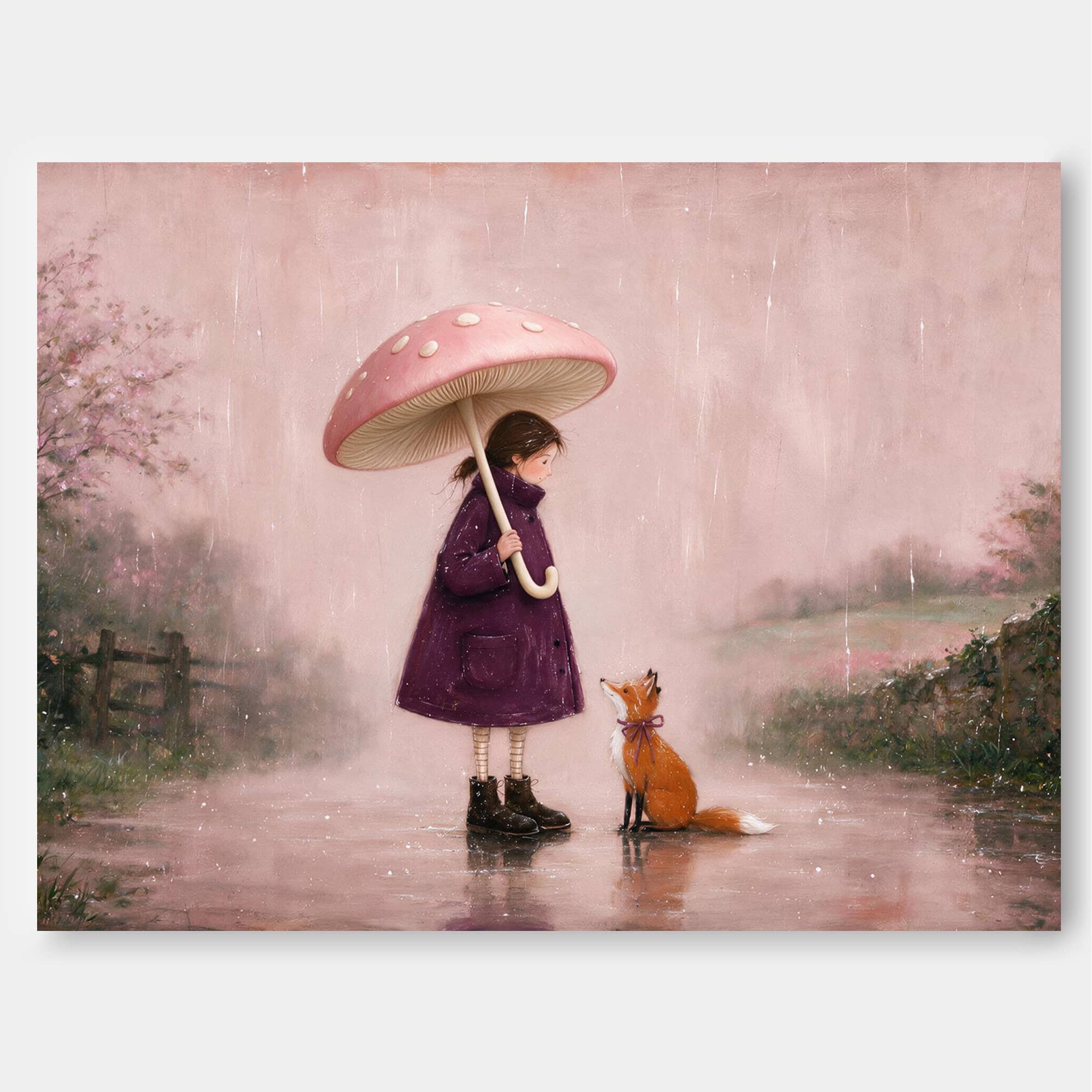 Vintage Girl With Fox Under Mushroom Umbrella In Rain Original Oil Painting