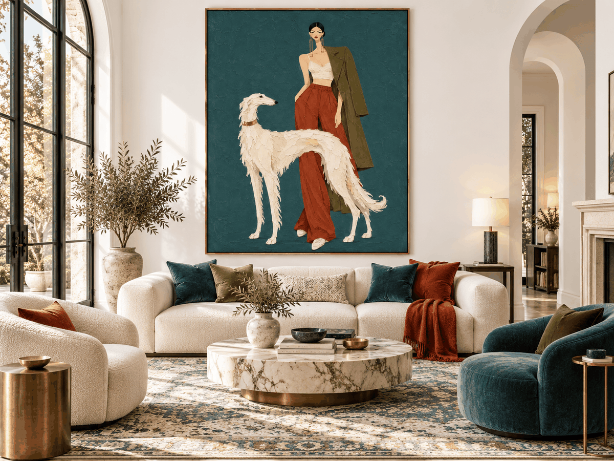Fashion Woman And White Borzoi Dog Hand-Painted Canvas Art In Rust Red And Teal