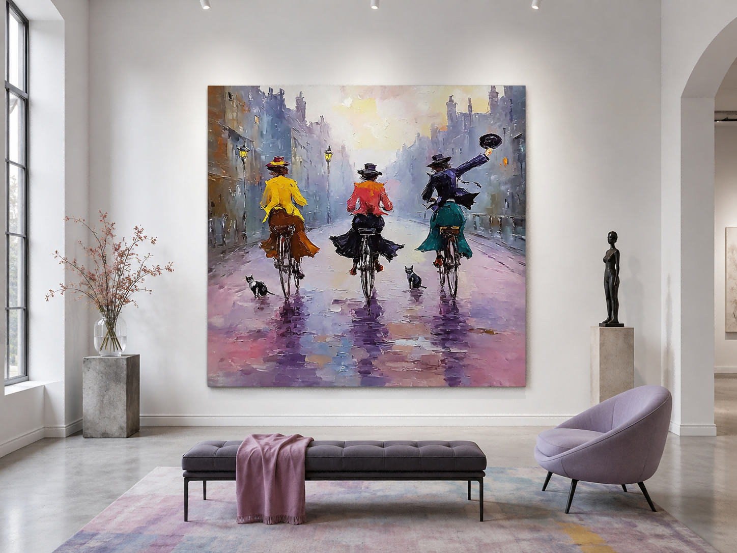 Impressionist Oil Painting Of Women Cycling In Rainy City Street With Cats