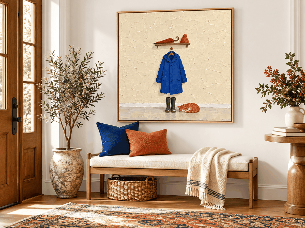 Hand-Painted Blue Coat And Sleeping Cat Canvas Art For Pet Lovers