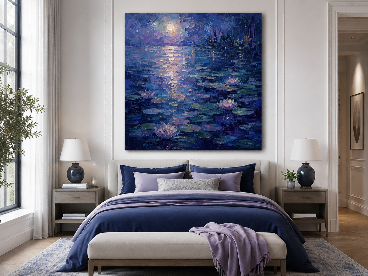 Impressionist Night Landscape Oil Painting With Heavy Texture And Moonlight