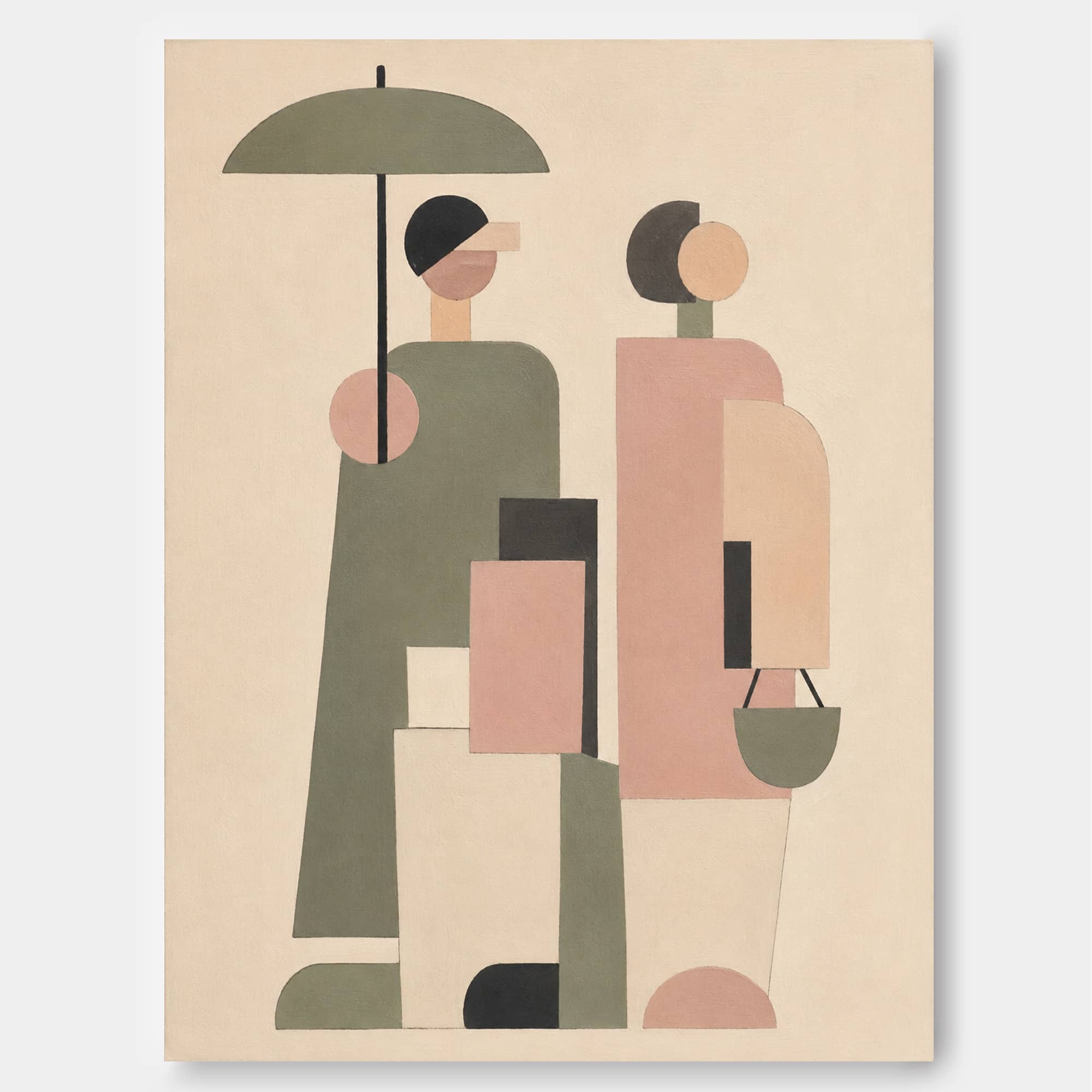 Abstract Geometric People Painting Hand-Painted Canvas Art With Umbrella In Beige Green Pink