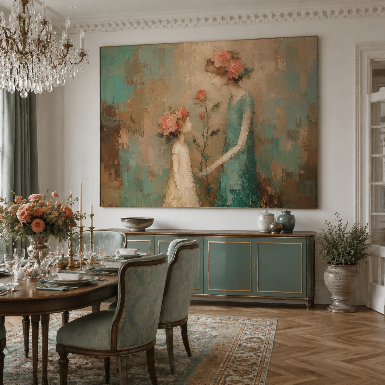 Hand Painted Impasto People Art With Soft Pink Flowers In Retro Style For Bedroom And Lounge Walls