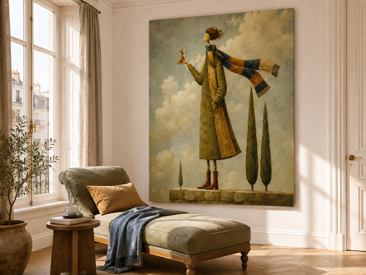 Modern Surrealist Canvas Painting Abstract Figure Art With Impasto Texture And Fox
