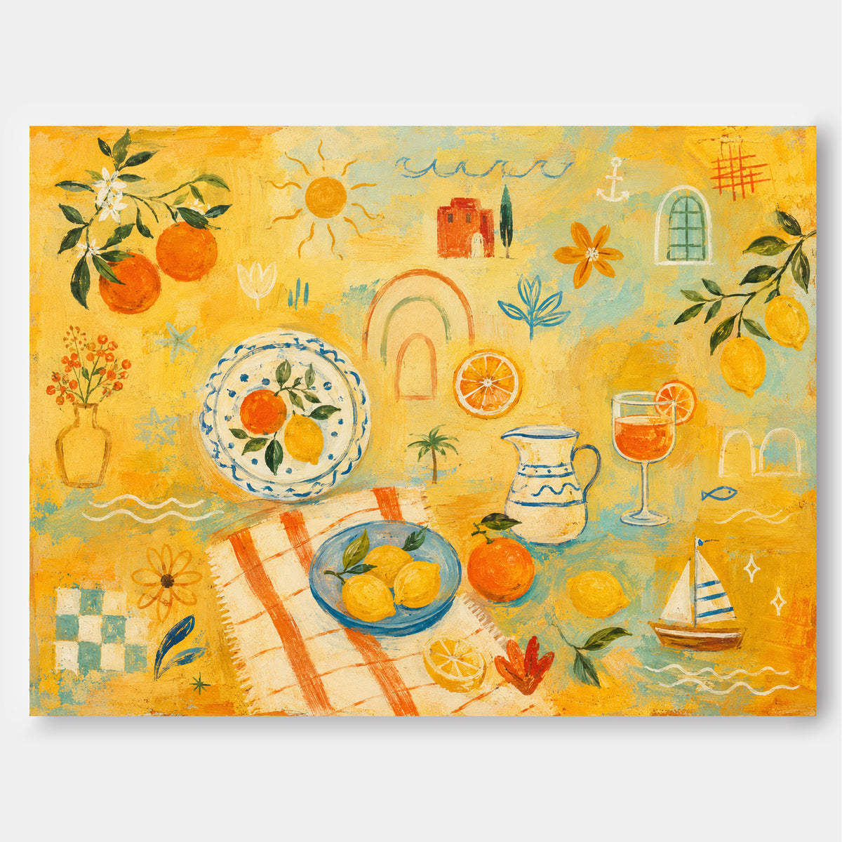 Hand-Painted Citrus Fruit And Sailboat Canvas Art With Warm Yellow Tones