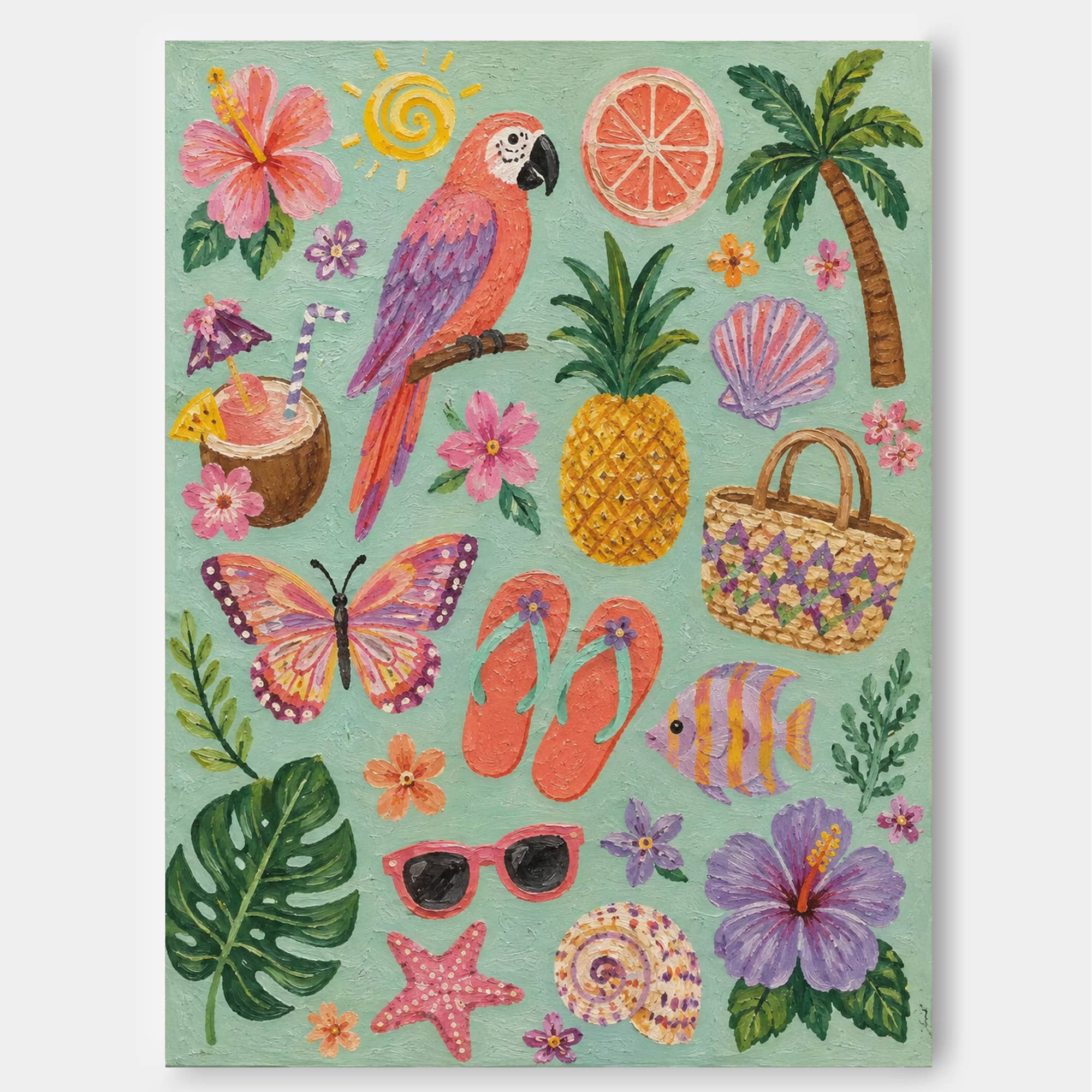 Vintage Coastal Wall Art With Seashells And Hibiscus Flowers For Beach House Bedroom