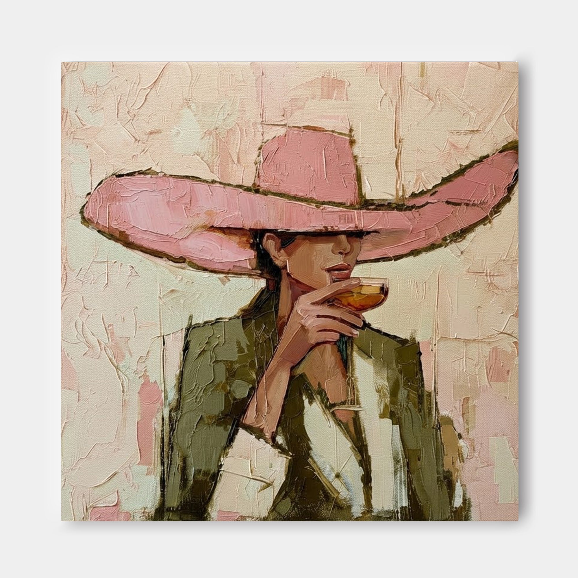 Vintage Fashion Woman Painting Pink Hat Square Canvas Art For Living Room Decor