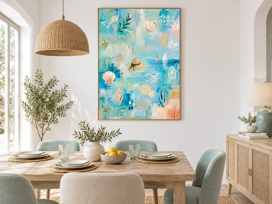 Seaside Abstract Canvas Painting With Shells And Sailboats For Beach Decor