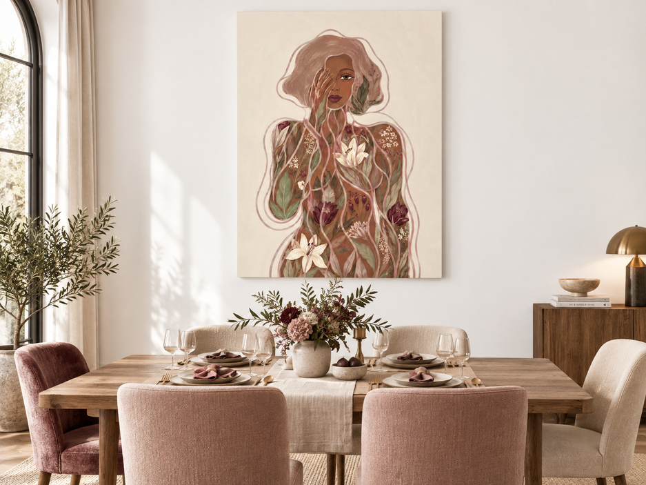 Hand-Painted Abstract Floral Woman Canvas Art In Earth Tones