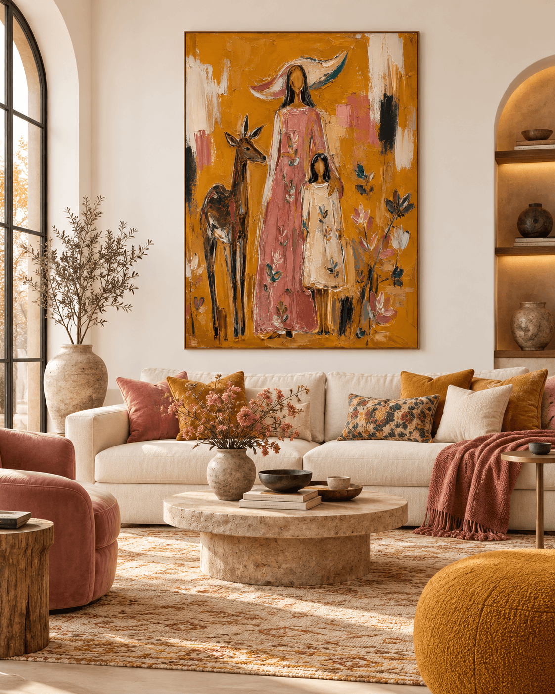 Abstract Pastoral Canvas Painting With Textured Ochre And Pink Tones Mother And Child With Deer Canvas Art