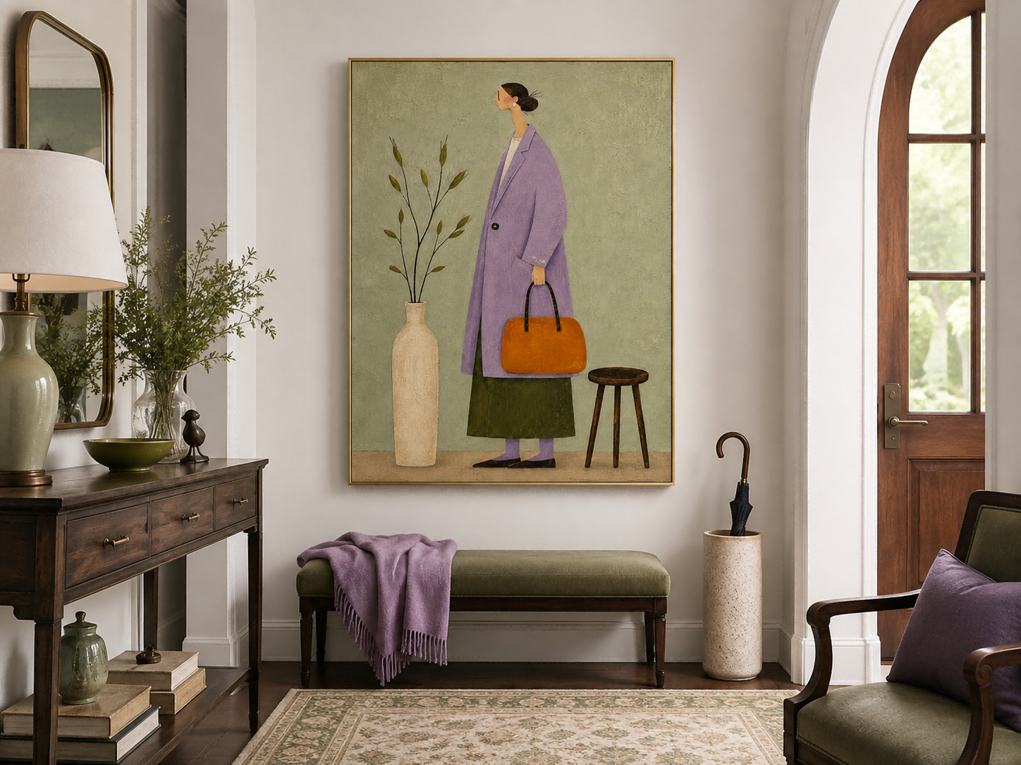 Charming Naive Art Painting Of Woman In Purple Coat For Modern Home Decor