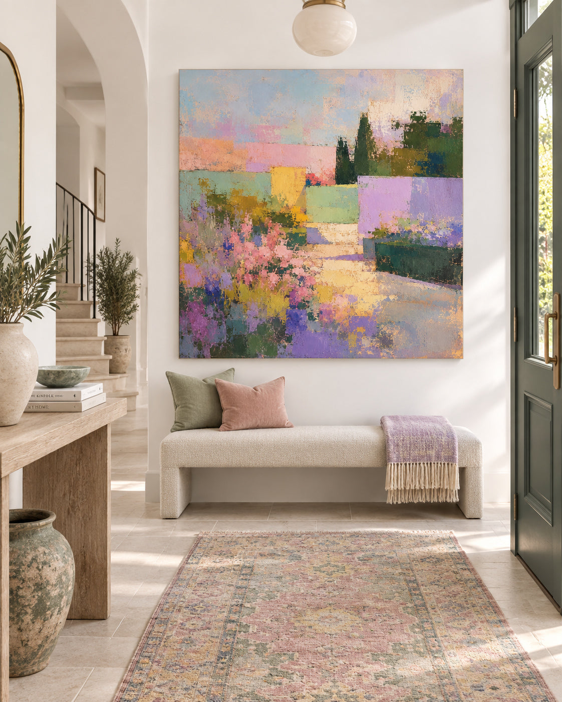 Abstract Floral Landscape Canvas Painting With Purple Pink Green Hues Hand-Painted Original Art
