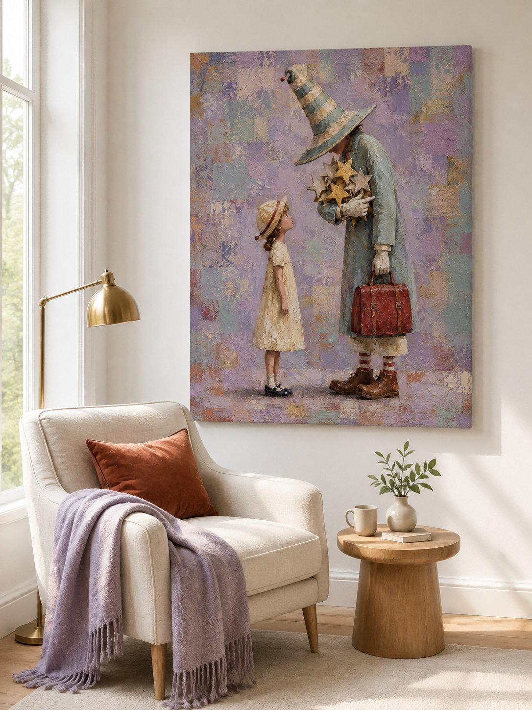 Wizard And Girl With Stars Hand-Painted Fantasy Canvas Art In Dreamy Purple