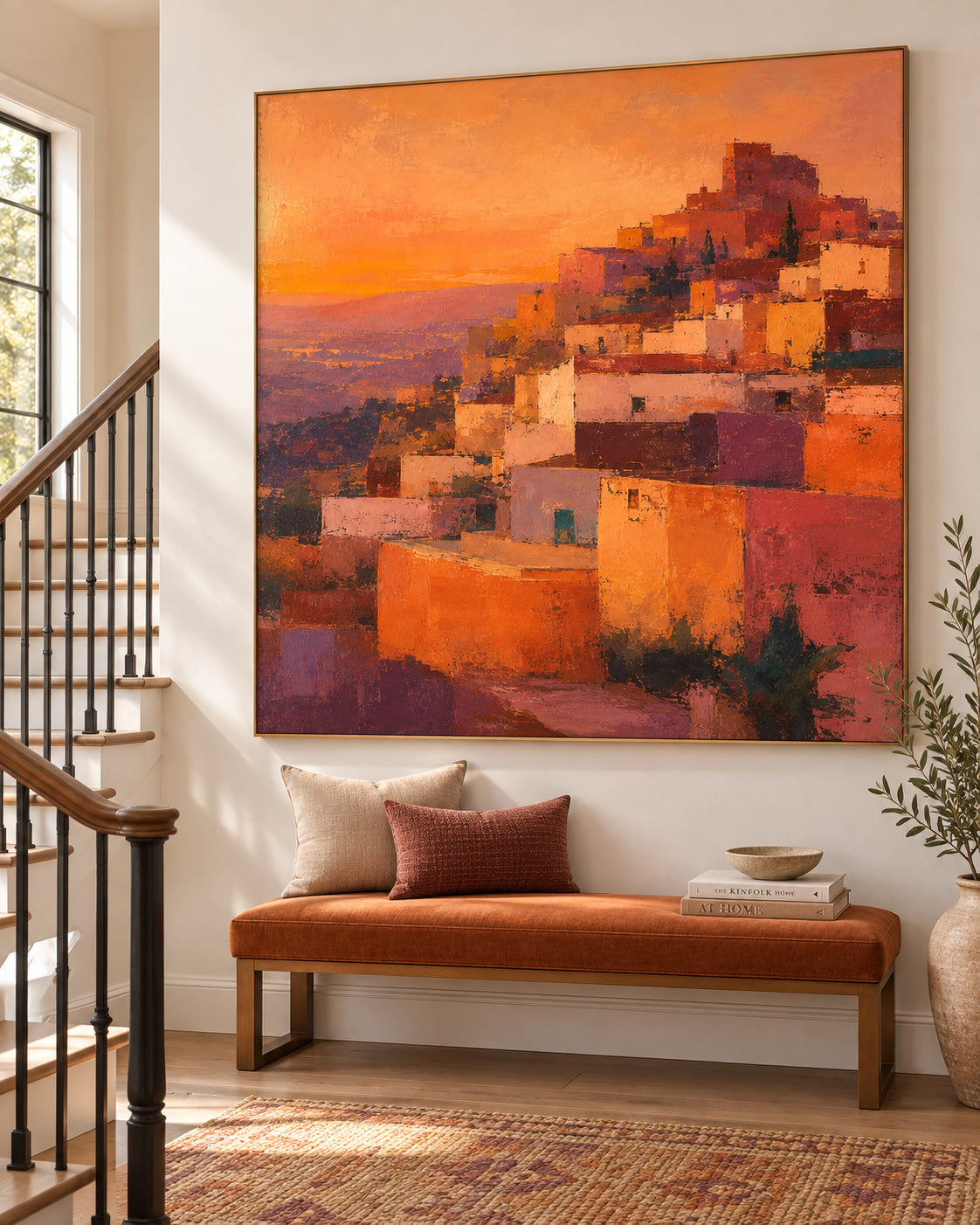 Hand-Painted Hillside Village Canvas Art In Warm Orange And Purple Tones