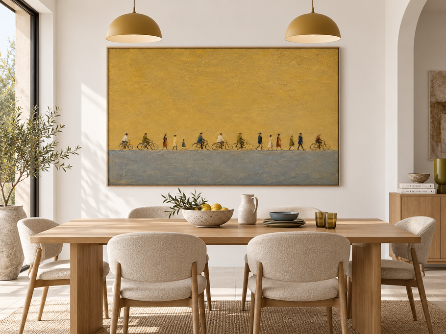 Vintage People Procession Hand-Painted Canvas Art In Gold And Grey Tones