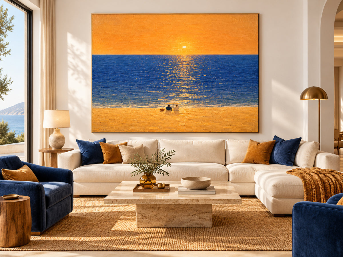 Romantic Sunset Beach Couple Hand-Painted Canvas Wall Art With Orange Sky